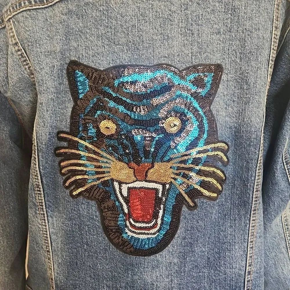 Universal Thread Upcycled Denim "Growling Tiger" Trucker Jacket, XL